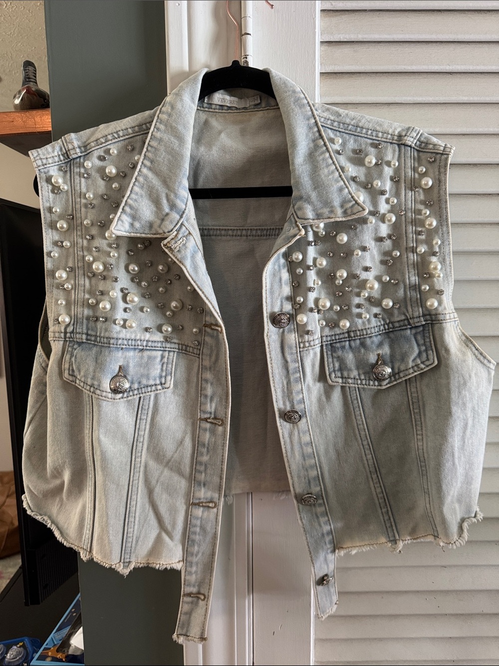 Pearl-Embellished Light Blue Denim Vest - Women
